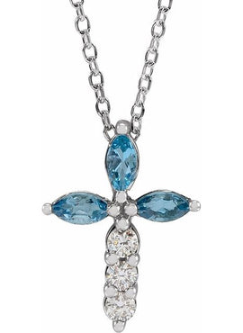 14K Yellow Gold Natural Aquamarine & 1/10 CTW Natural Diamond Cross Pendant