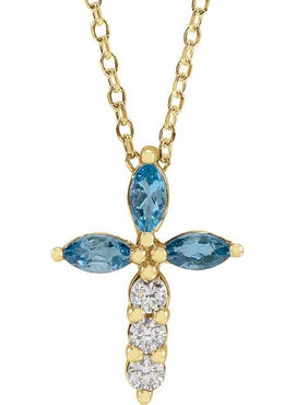 14K Yellow Gold Natural Aquamarine & 1/10 CTW Natural Diamond Cross Pendant