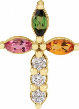 14K Yellow Gold Natural Aquamarine & 1/10 CTW Natural Diamond Cross Pendant