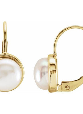 14K Yellow Gold Cultured White Freshwater Pearl Lever Back Earring