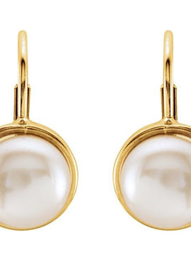 14K Yellow Gold Cultured White Freshwater Pearl Lever Back Earring