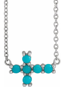 14K White Gold Natural Turquoise Sideways Cross Necklace Center