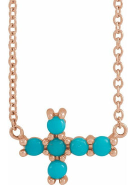 14K White Gold Natural Turquoise Sideways Cross Necklace Center