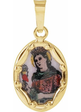 14K Yellow Gold 13x10 mm Oval Hand Painted Porcelain St. Barbara Medal