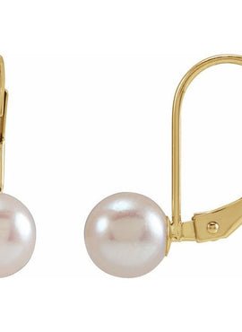 14K Yellow Gold Cultured White Akoya Pearl Lever Back Earrings