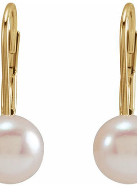 14K Yellow Gold Cultured White Akoya Pearl Lever Back Earrings