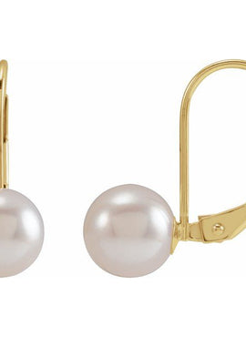 14K Yellow Gold Cultured White Akoya Pearl Lever Back Earrings