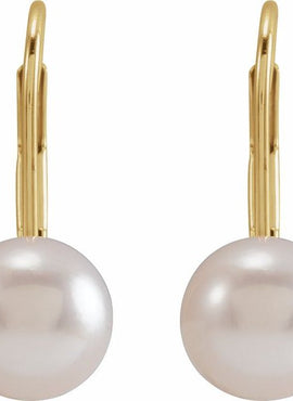 14K Yellow Gold Cultured White Akoya Pearl Lever Back Earrings