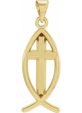 14K White Gold 14x6 mm Ichthus with Cross Pendant