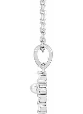 14K White Gold Cultured White Seed Pearl & .07 CTW Natural Diamond Cross Pendant