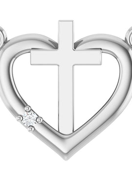 14K White Gold .0025 CT Natural Diamond Heart & Cross Necklace Center