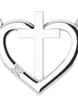14K White Gold .0025 CT Natural Diamond Heart & Cross Necklace Center