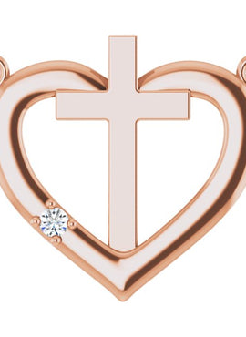 14K White Gold .0025 CT Natural Diamond Heart & Cross Necklace Center