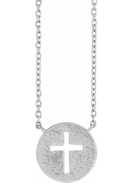 14K White Gold Pierced Cross Hammered Disc 18