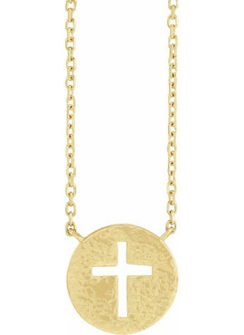 14K White Gold Pierced Cross Hammered Disc 18