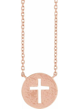 14K White Gold Pierced Cross Hammered Disc 18