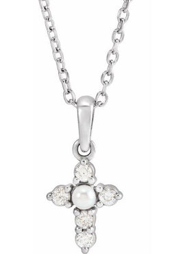 14K White Gold Cultured White Seed Pearl & .07 CTW Natural Diamond Cross Pendant