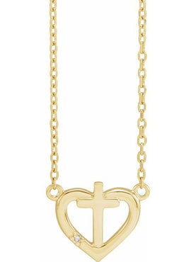 14K White Gold .0025 CT Natural Diamond Heart & Cross Necklace Center