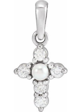 14K White Gold Cultured White Seed Pearl & .07 CTW Natural Diamond Cross Pendant