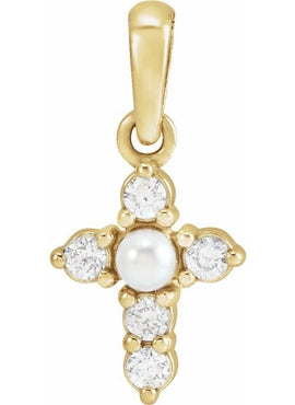 14K White Gold Cultured White Seed Pearl & .07 CTW Natural Diamond Cross Pendant