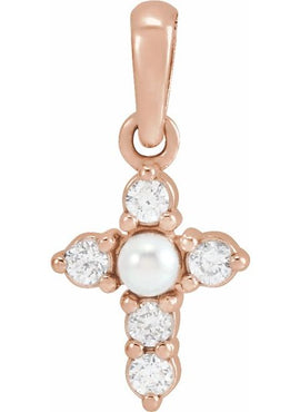 14K White Gold Cultured White Seed Pearl & .07 CTW Natural Diamond Cross Pendant