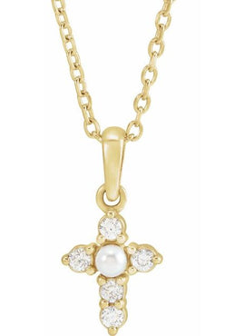 14K White Gold Cultured White Seed Pearl & .07 CTW Natural Diamond Cross Pendant