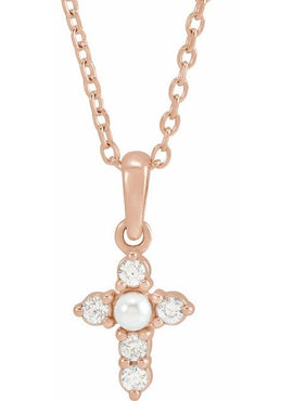 14K White Gold Cultured White Seed Pearl & .07 CTW Natural Diamond Cross Pendant