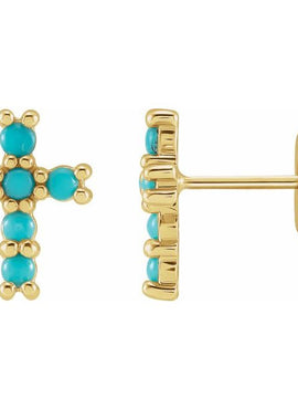 14K Yellow Gold Natural Turquoise Cross Earrings
