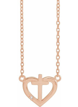 14K White Gold .0025 CT Natural Diamond Heart & Cross Necklace Center