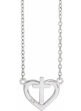 14K White Gold .0025 CT Natural Diamond Heart & Cross Necklace Center