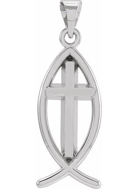 14K White Gold 14x6 mm Ichthus with Cross Pendant