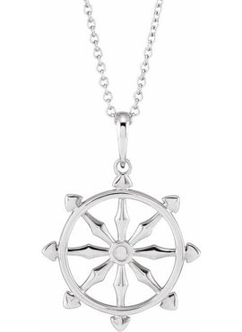 14K White Gold Dharmachakra Wheel Pendant