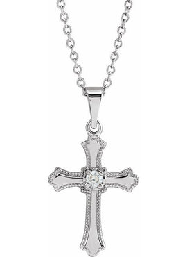 14K White Gold .03 CT Natural Diamond Cross 18