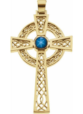 14K Yellow Gold Natural Blue Star Sapphire Celtic-Inspired Cross Pendant
