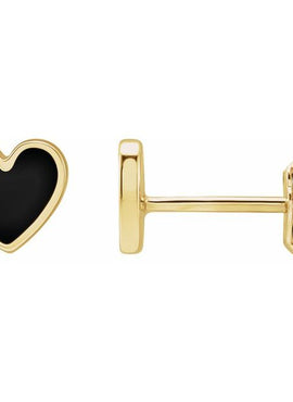 14K Yellow Gold Black Enamel Heart Earrings