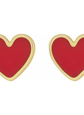 14K Yellow Gold Black Enamel Heart Earrings