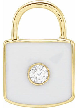 14K Yellow Gold .035 CT Natural  Diamond & White Enamel Lock Charm/Pendant