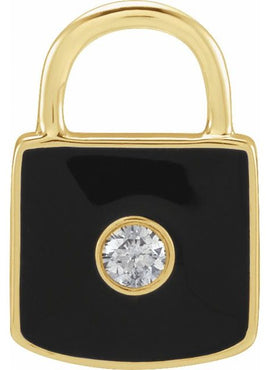 14K Yellow Gold .035 CT Natural  Diamond & White Enamel Lock Charm/Pendant