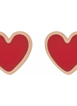 14K Yellow Gold Black Enamel Heart Earrings