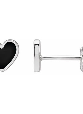 14K Yellow Gold Black Enamel Heart Earrings