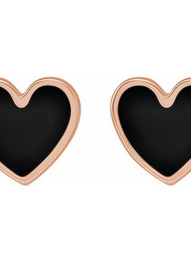 14K Yellow Gold Black Enamel Heart Earrings
