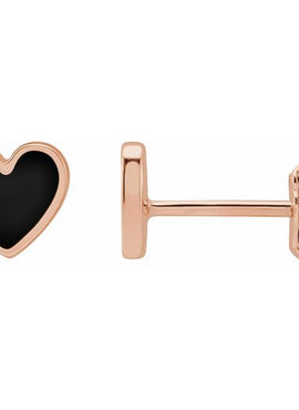 14K Yellow Gold Black Enamel Heart Earrings