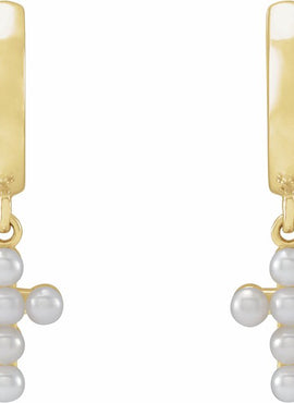 Platinum Cultured White Seed Pearl Cross Hoop Earrings
