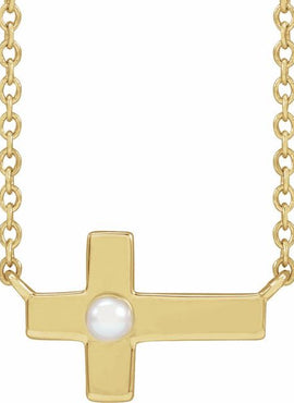Sterling Silver Cultured White Seed Pearl Sideways Cross 16-18