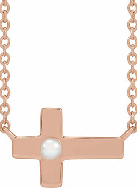Sterling Silver Cultured White Seed Pearl Sideways Cross 16-18