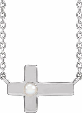 Sterling Silver Cultured White Seed Pearl Sideways Cross 16-18
