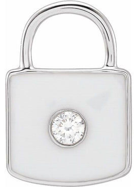 14K Yellow Gold .035 CT Natural  Diamond & White Enamel Lock Charm/Pendant