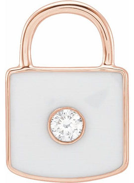 14K Yellow Gold .035 CT Natural  Diamond & White Enamel Lock Charm/Pendant