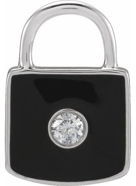 14K Yellow Gold .035 CT Natural  Diamond & White Enamel Lock Charm/Pendant
