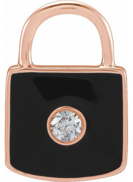 14K Yellow Gold .035 CT Natural  Diamond & White Enamel Lock Charm/Pendant